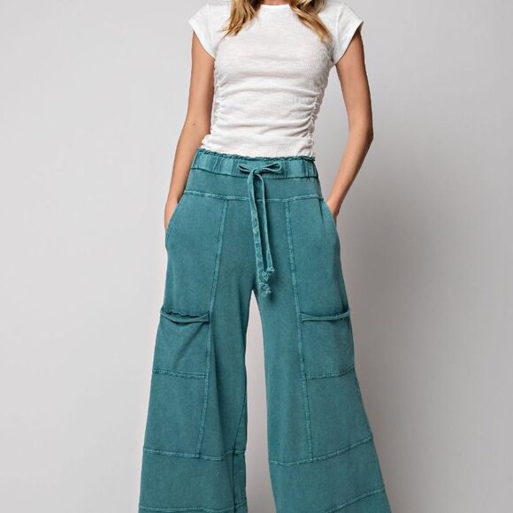 NEW STYLE EASEL SLIGHT CROP CARDO FLOWY PANTS TEAL S M L - Picture 3 of 3